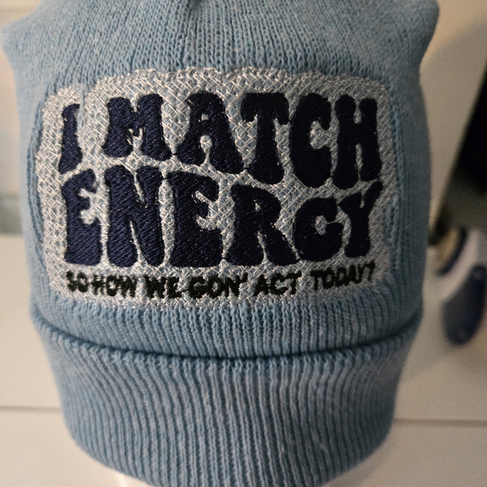 Light Blue Knit Beanie with Embroidered Text